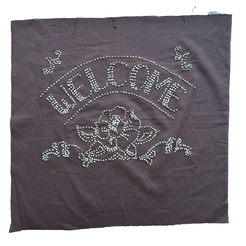 Completed Vintage Candlewicking Pillow Panel WELCOME Floral 18x18 Cottagecore